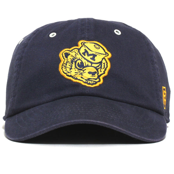 University of Michigan Wolverine Head Brushed Cotton Leather Strapback Hat Navy