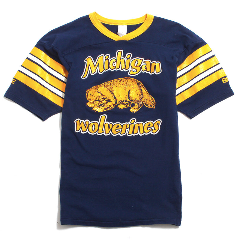 University of Michigan Golden Wolverine & Striped Sleeves Bike Football T-Shirt Navy (Extra Small) University of Michigan Golden Wolverine & Striped Sleeves Bike Football T-Shirt Navy (Extra Small)