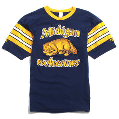 University of Michigan Golden Wolverine & Striped Sleeves Bike Football T-Shirt Navy (Extra Small)