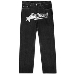 Star Pant Embroidery Raw Denim Black / White
