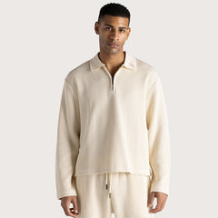 Wavy Knit Long Sleeve Polo Bone