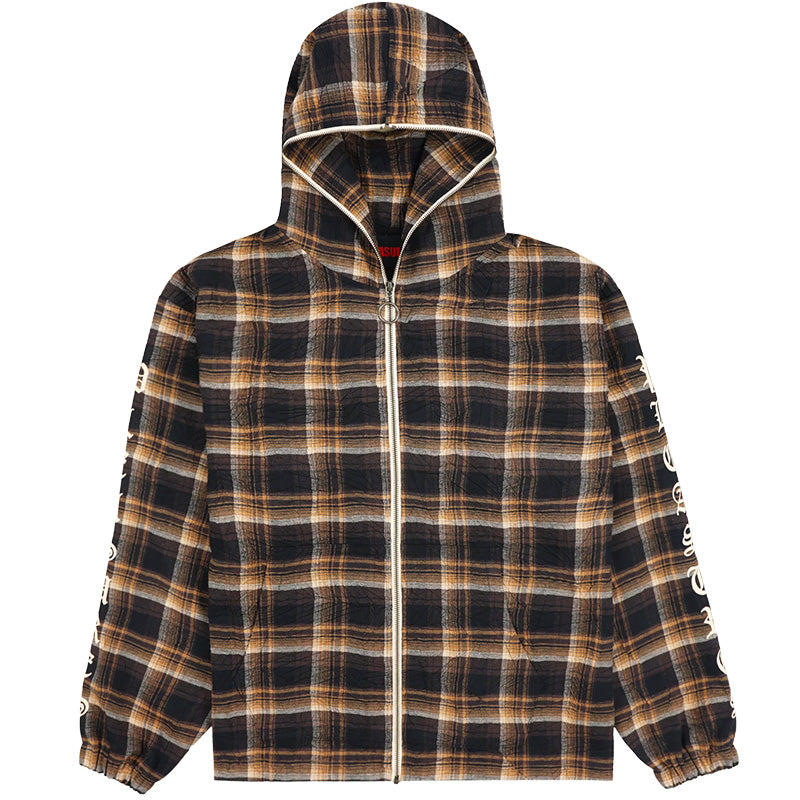 Groove Zip Poncho Hoodie Brown Plaid