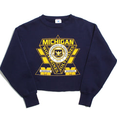 University of Michigan Seal & Double Bar M Delta Cropped Crewneck Sweatshirt Navy (Large)