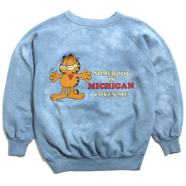 University of Michigan Garfield Somebody Loves Me Acid Washed Crewneck Sweatshirt Light Blue (Medium)