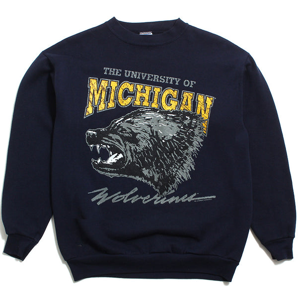 University of Michigan Slanted Text & Wolverine Head Ultimate Sports Wear Crewneck Sweatshirt Navy (Large)