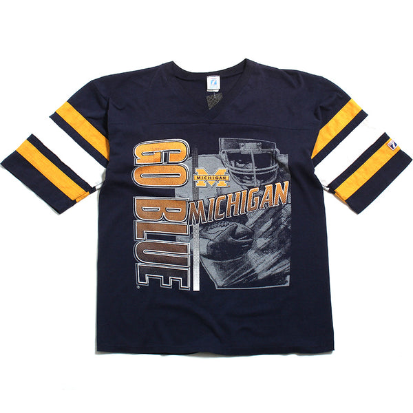 University of Michigan Go Blue & Football Player Logo7 Football Raglan Shirt Navy (Large)