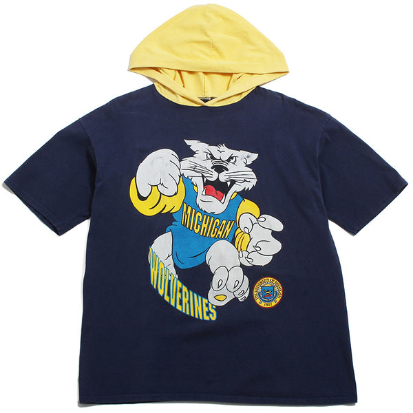 University of Michigan Cartoon Cat Mascot Hooded T-Shirt Navy (Large)