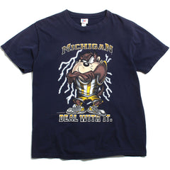 University of Michigan Taz The Tasmanian Devil Looney Tunes Lightning TNT T-Shirt Navy (Large)