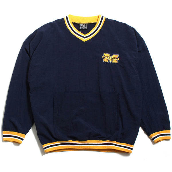 University of Michigan Left Chest Bar M Ribbed Pro-1 Pullover Windbreaker Jacket Navy (Large)