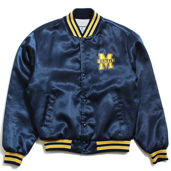 University of Michigan Left Chest Bar M & Back Text Swingster Satin Jacket Navy (Medium)