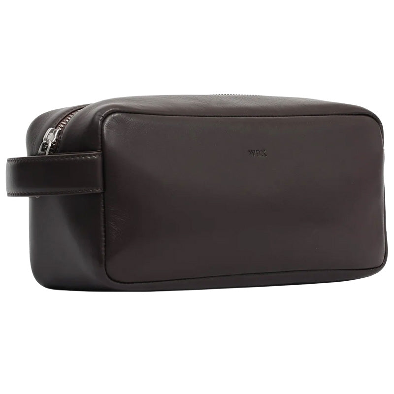 Wells Grain Leather Wash Bag Dark Brown