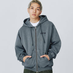 Pigment Embossed Zip Hooded Sweatshirt Black