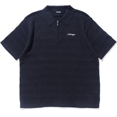 Striped Mesh Knit Polo Shirt Black