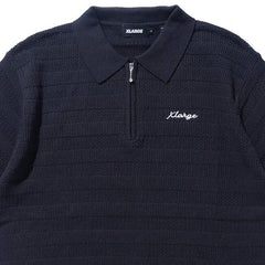 Striped Mesh Knit Polo Shirt Black