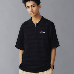 Striped Mesh Knit Polo Shirt Black