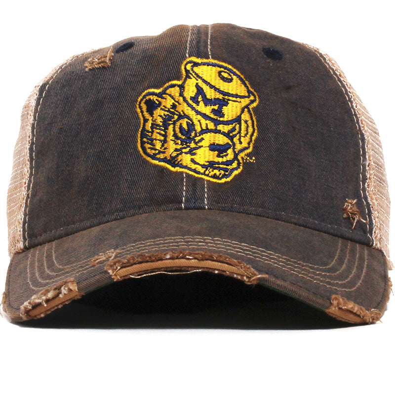 University of Michigan Wolverine Head Washed & Distressed Trucker Hat Navy