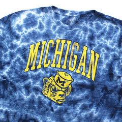 University of Michigan Wolverine Head Arch Women's Cropped Slub T-Shirt Navy Crystal Wash Tie Dye
