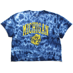 University of Michigan Wolverine Head Arch Women's Cropped Slub T-Shirt Navy Crystal Wash Tie Dye