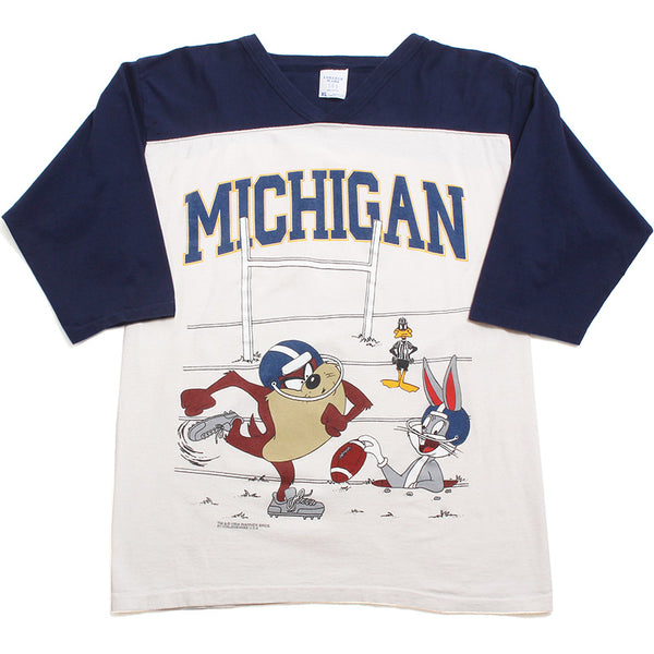University of Michigan Looney Tunes Kicking Field Goal College Ware Football Raglan Navy / Cream (XL)