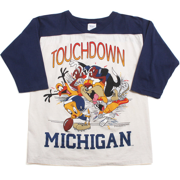University of Michigan Looney Tunes Touchdown College Ware Football Raglan Navy / Cream (Large)
