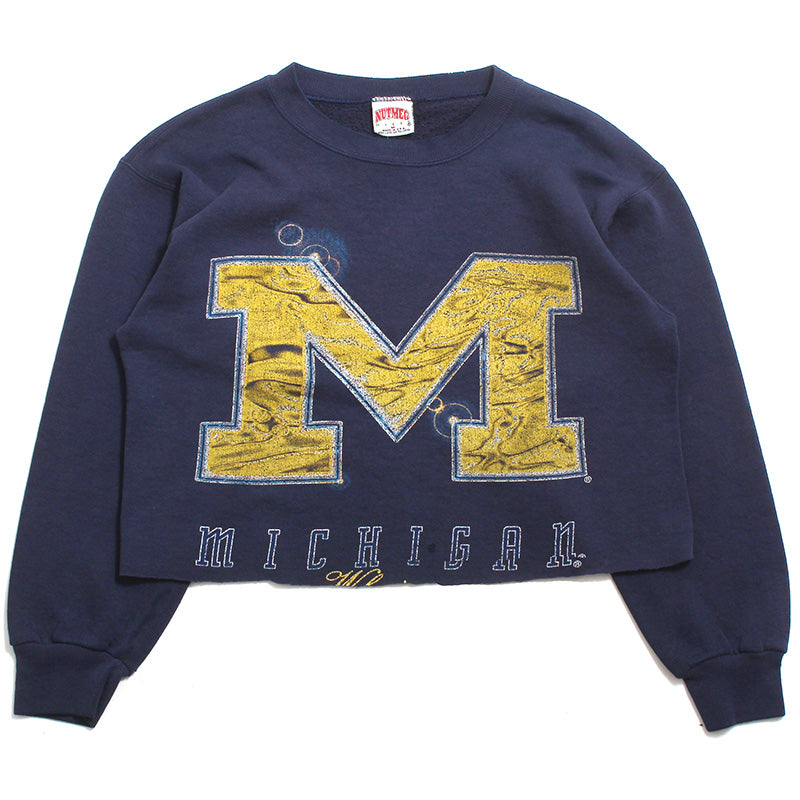 University of Michigan Swirl Block M Cropped & Distressed Nutmeg Crewneck Sweatshirt Navy (Medium)