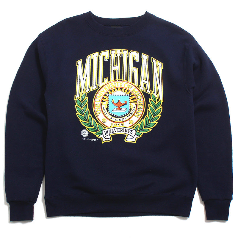 University of Michigan Colorful Arch & Seal With Back Wolverine M PM Crewneck Sweatshirt Navy (Large)