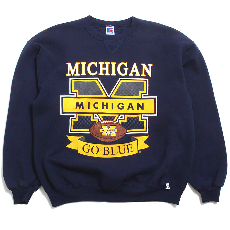 University of Michigan Big Bar M & Football Russell Athletic Crewneck Sweatshirt Navy (XL)
