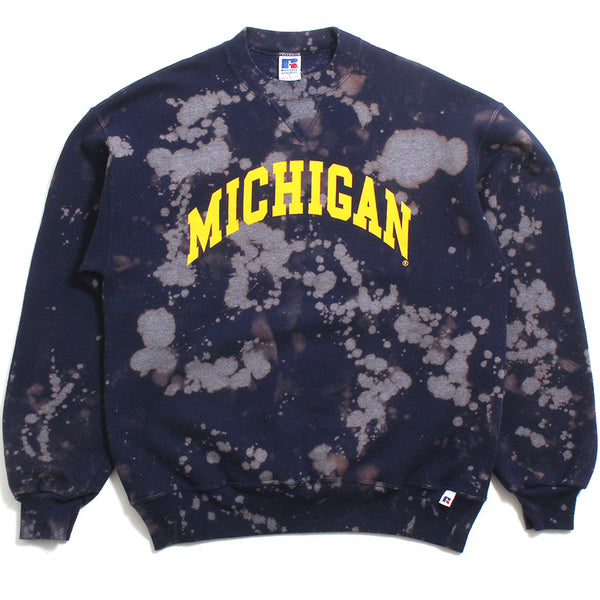 University of Michigan Classic Arch Russell Athletic Crewneck Sweatshirt Navy Bleach Wash (Large)