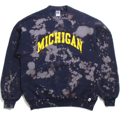 University of Michigan Classic Arch Russell Athletic Crewneck Sweatshirt Navy Bleach Wash (Large)