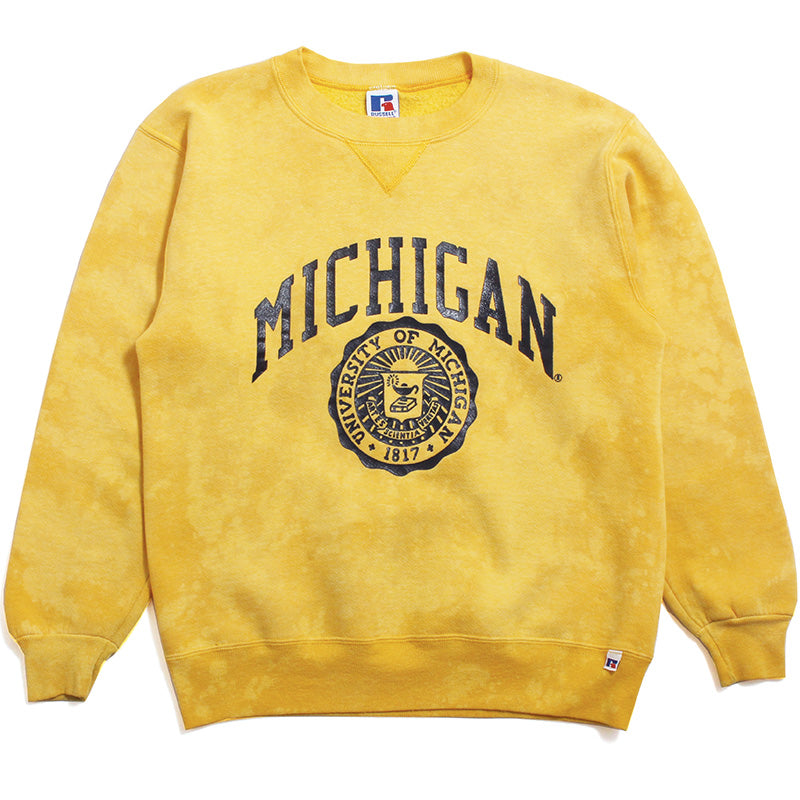 University of Michigan Old School Arch & Seal Russell Athletic Crewneck Sweatshirt Yellow Acid Wash (Medium)