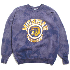 University of Michigan Old School Arch & Wolverine Head Healthknit Crewneck Sweatshirt Navy Acid Wash (Large)